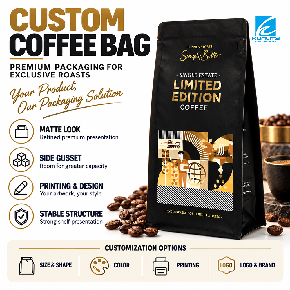 Custom Block Bottom Coffee Beans Packaging Bags