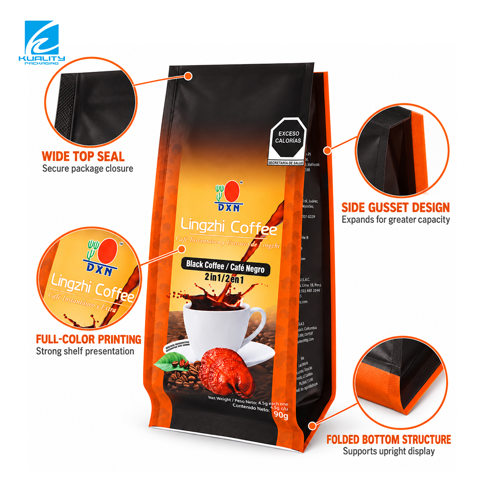 Custom Quad Seal Instant Coffee Packaging Bag