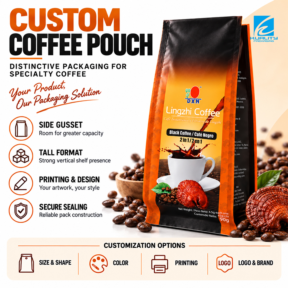 Custom Quad Seal Instant Coffee Packaging Bag