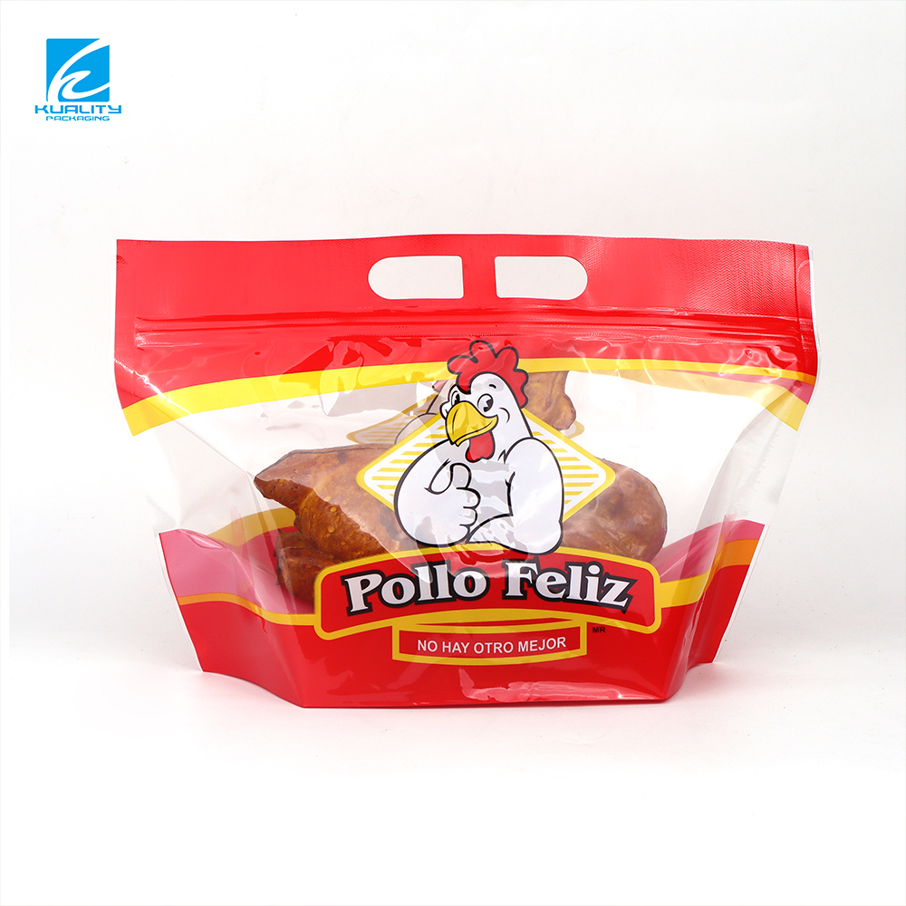 Custom Roasted Chicken Packaging Bags Glossy Stand Up Zipper Pouch with Handle and Window Laminated Plastic Food Packaging