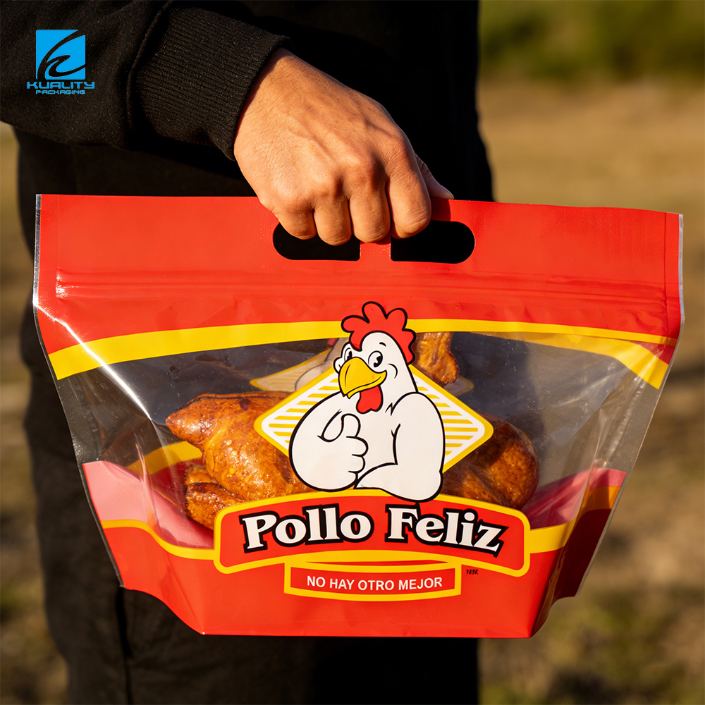 Custom Roasted Chicken Packaging Bags Glossy Stand Up Zipper Pouch with Handle and Window Laminated Plastic Food Packaging