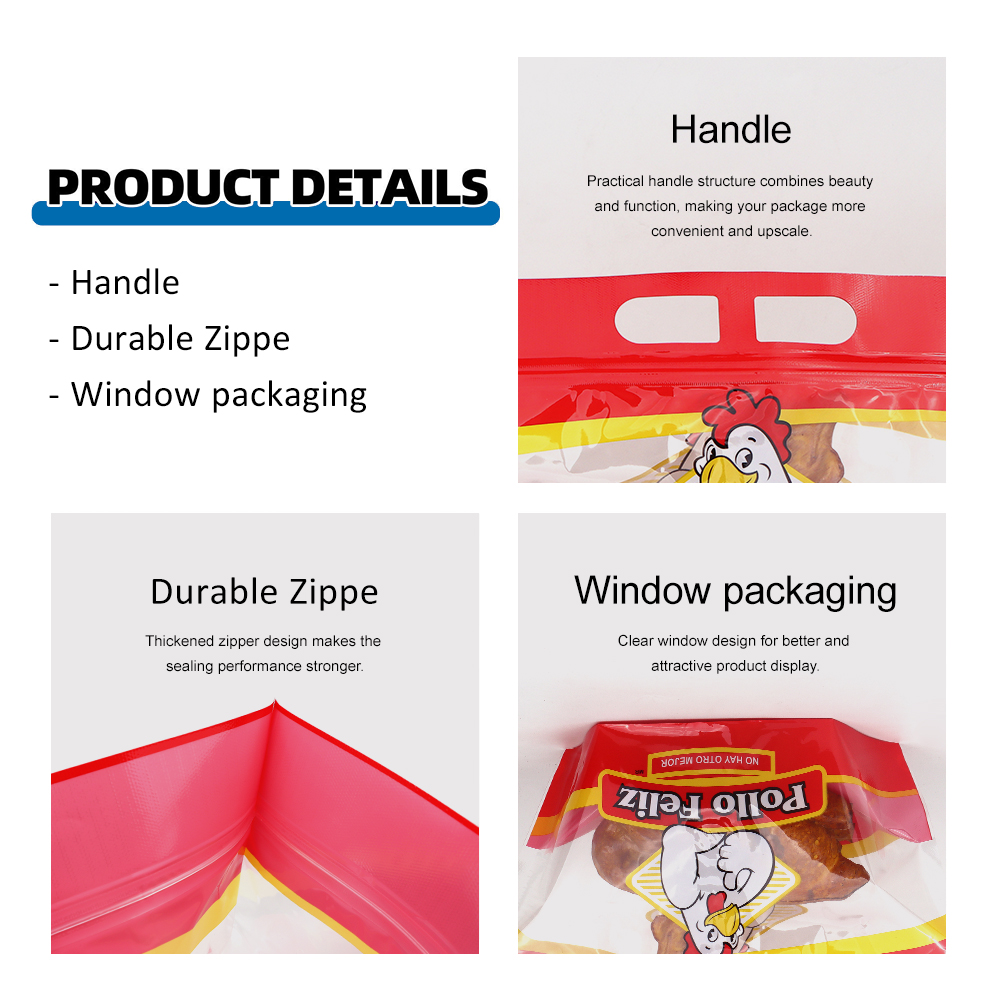 Custom Roasted Chicken Packaging Bags Glossy Stand Up Zipper Pouch with Handle and Window Laminated Plastic Food Packaging